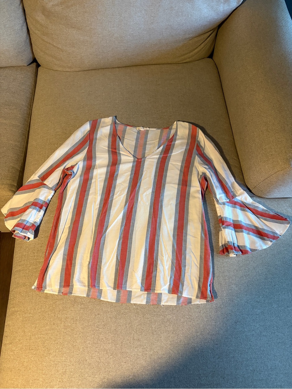 Striped V-Neck Bell Sleeve Women's Top - White & Rust
